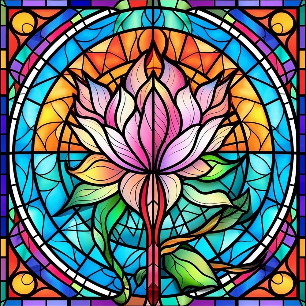 Stain Glass Colorful Lotus Flower Diamond Painting - 50x50 Round Drill